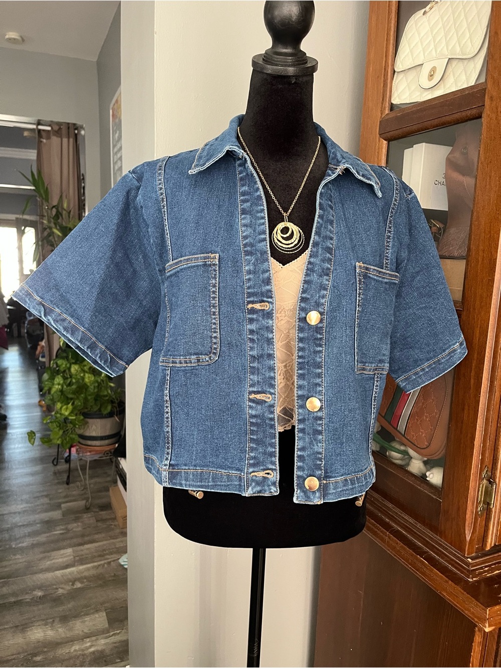 Love Tree Blue Short-Sleeve Denim Jacket with Gold Buttons